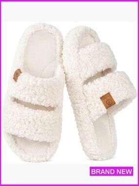 Faux Fur Open Toe Slippers Memory Foam Comfortable House Shoes Slide On